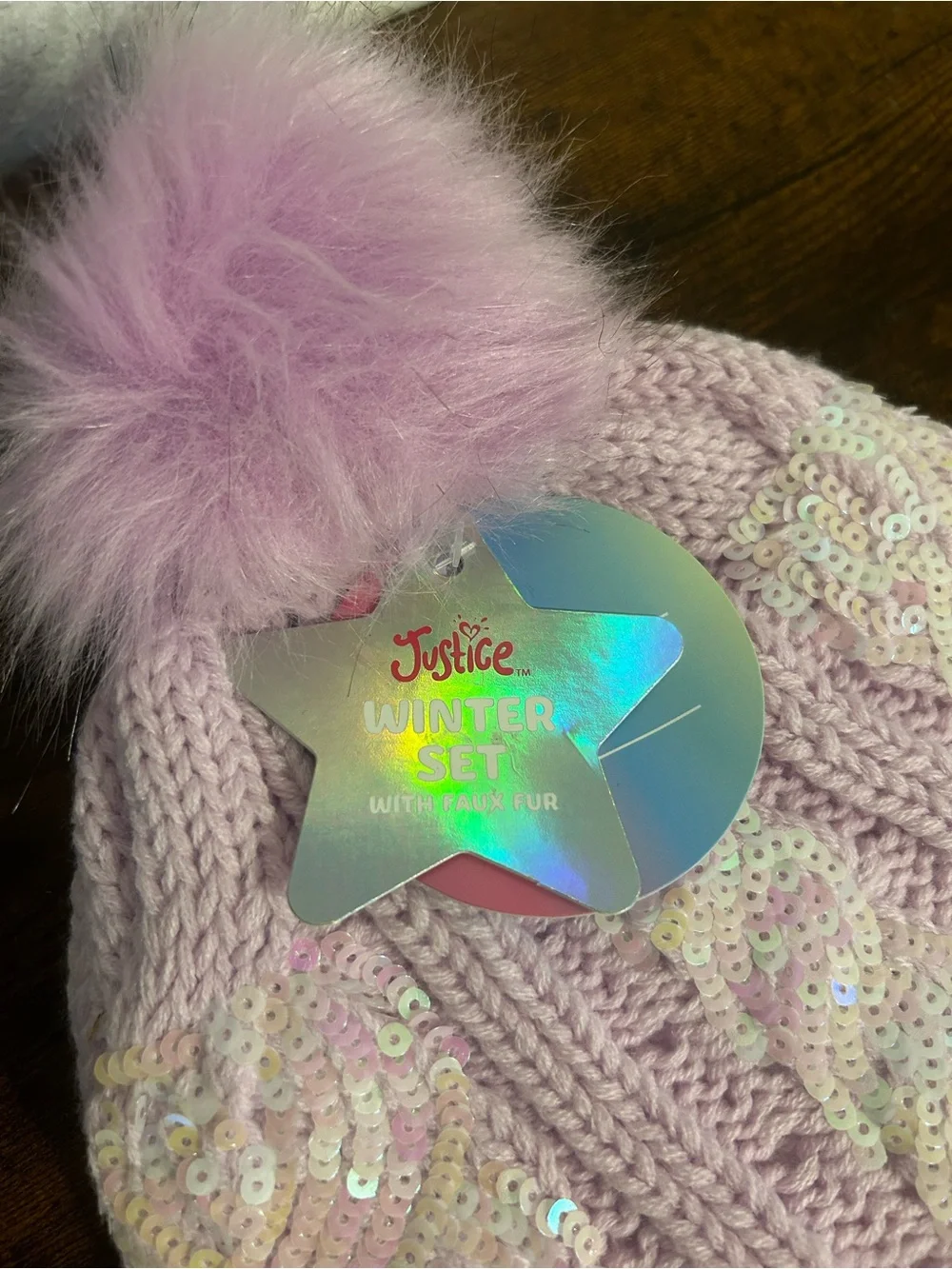 Justice Girls Lavender Purple Sequin Cable Knit Beanie Hat and Glove Set NWT